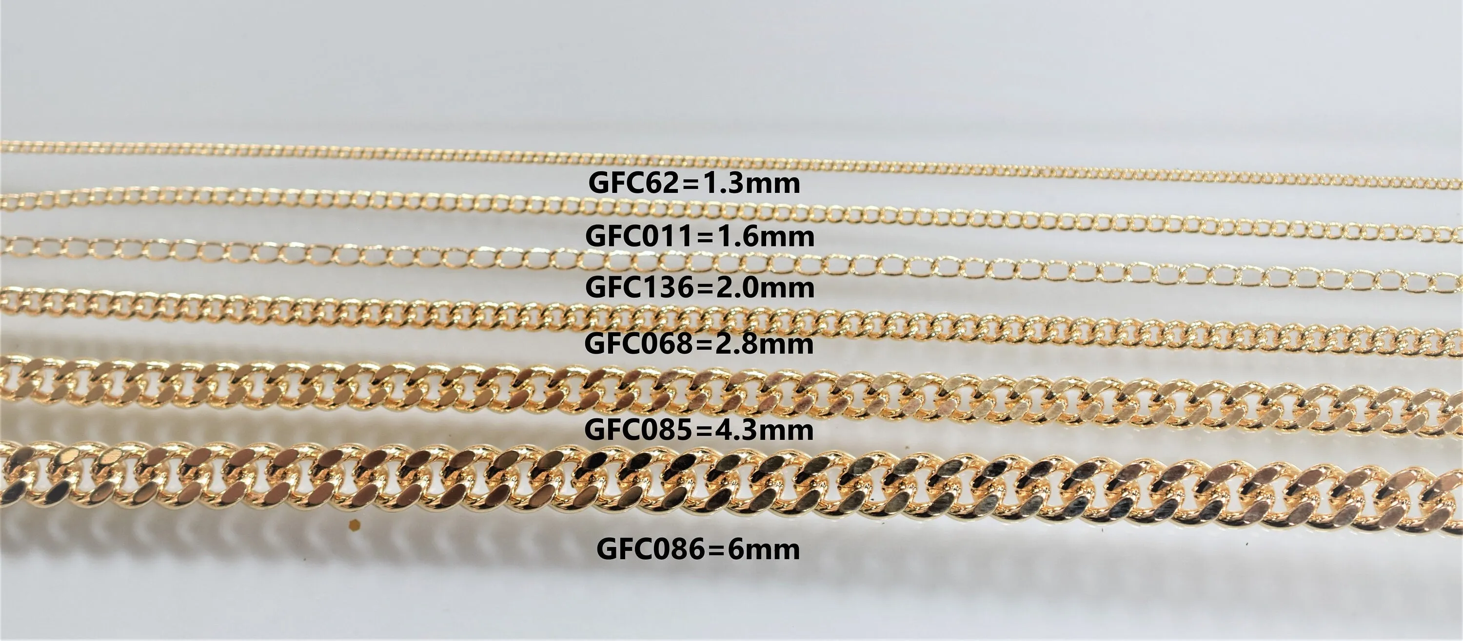 18K Gold Filled Look, Cuban Link Chain, Customize necklace Findings for Jewelry Supplies 3 Feet Wholesale Sizes 1.3mm, 1.6mm,2mm,2.8mm,4.30mm,6mm