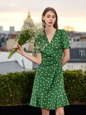 19 Momme Mulberry Silk Polka Dots Printed Ruffle Women Mini Dress With Scrunchie 19 Momme Mulberry Silk Polka Dots Printed Ruffle Women Mini Dress With Scrunchie