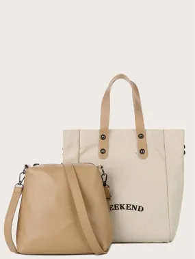 2pcs Letter Graphic Canvas Bag With Crossbody Bag 2pcs Letter Graphic Canvas Bag With Crossbody Bag