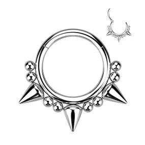 3 Spikes and Balls Hinged Segment Septum Ring 3 Spikes and Balls Hinged Segment Septum Ring