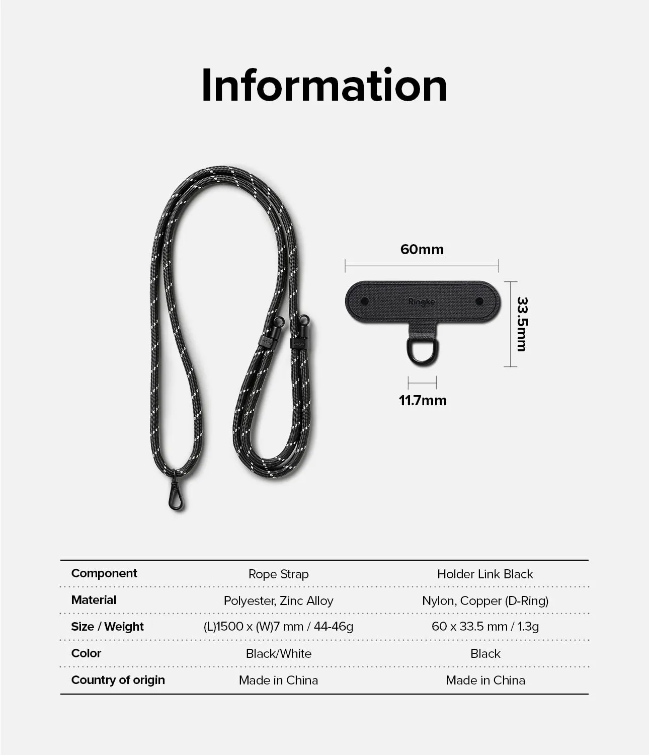 Adjustable Crossbody Polyester Rope Lanyard (Holder Link Strap)  - Black & White