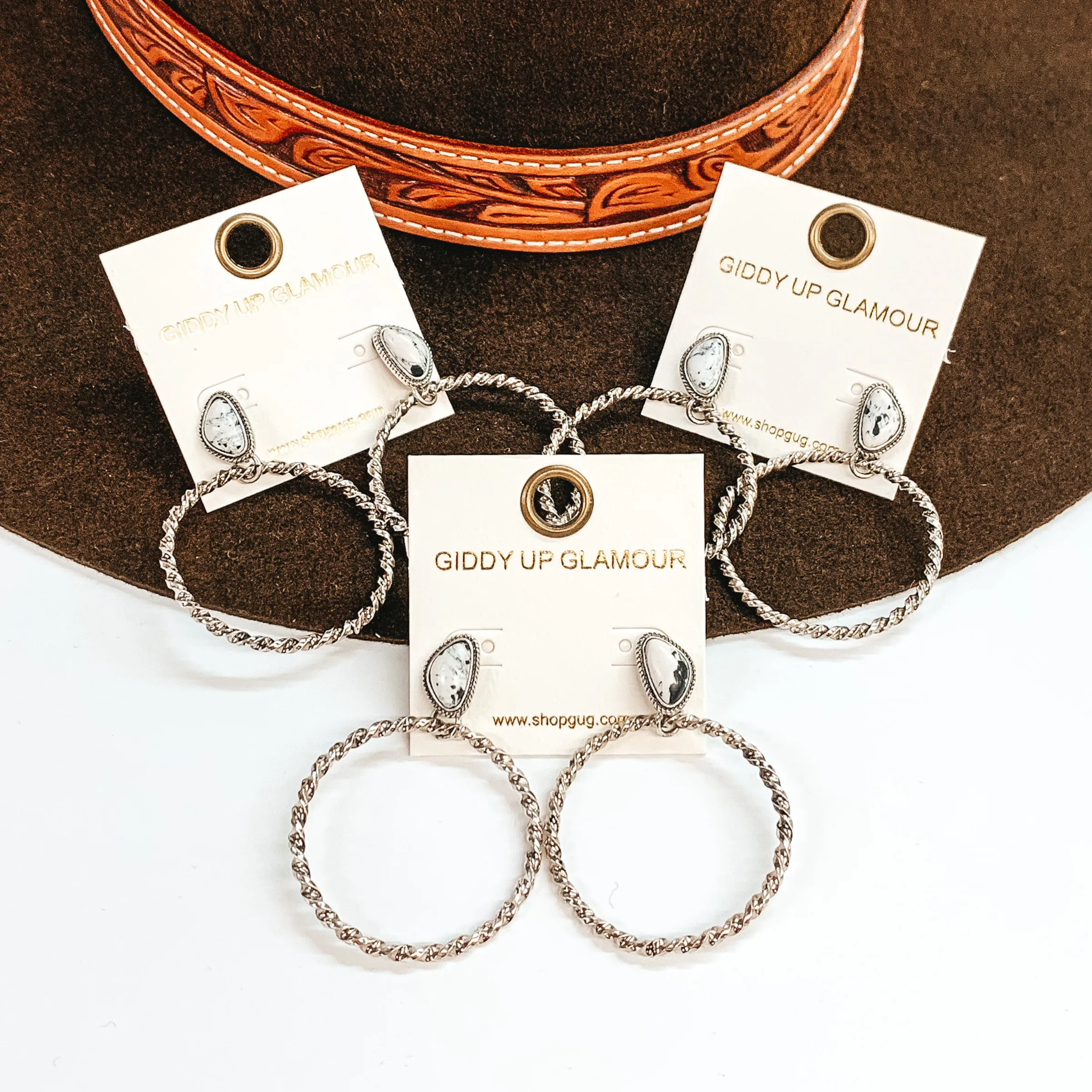 Another Adventure Twisted Rope Circle Drop Earrings with Asymmetrical Faux Stone in White