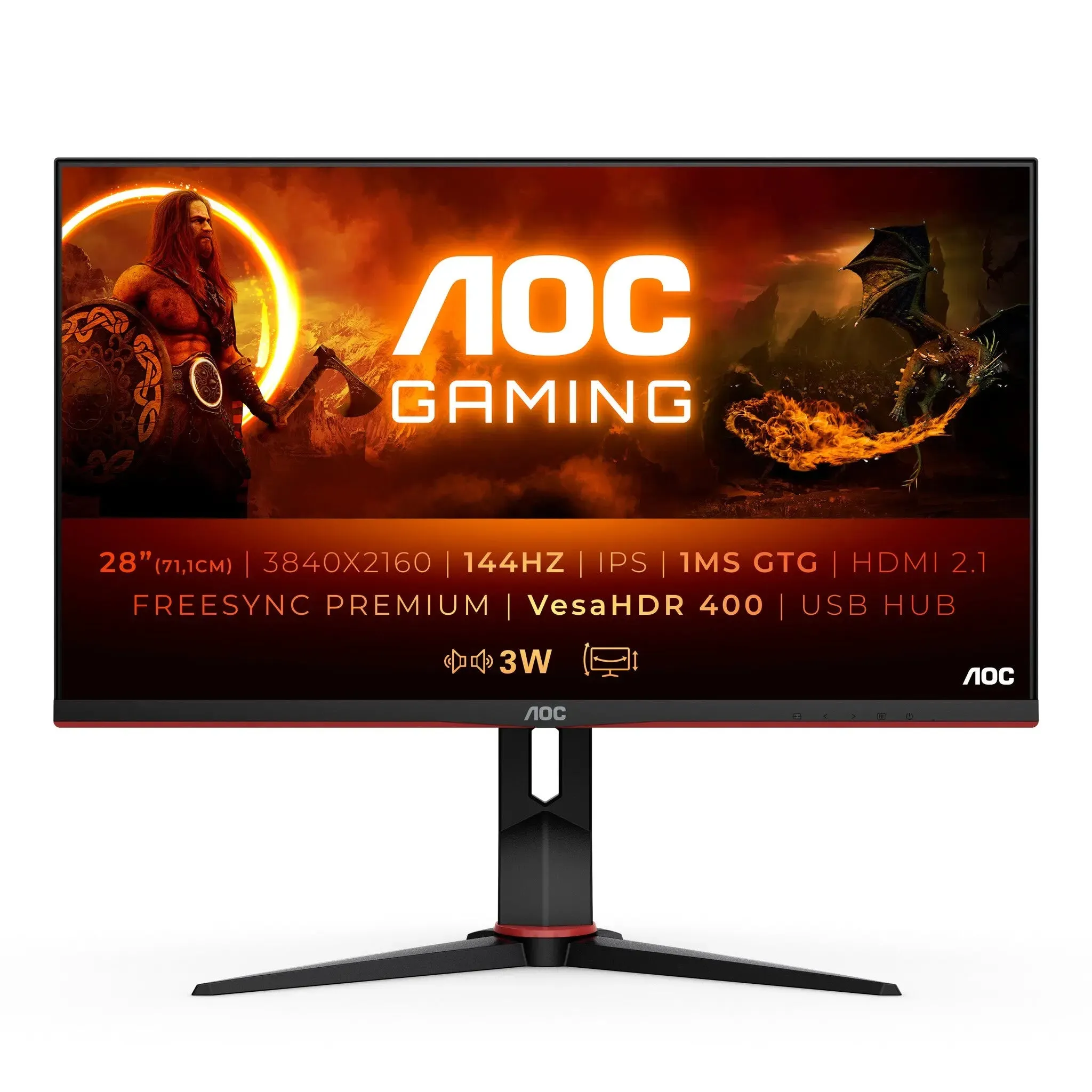 AOC G2 U28G2XU2/BK 28"  4K Ultra HD Gaming Monitor, IPS, 144Hz, 1ms, HDMI 2.1, FreeSync, Height Adjustable