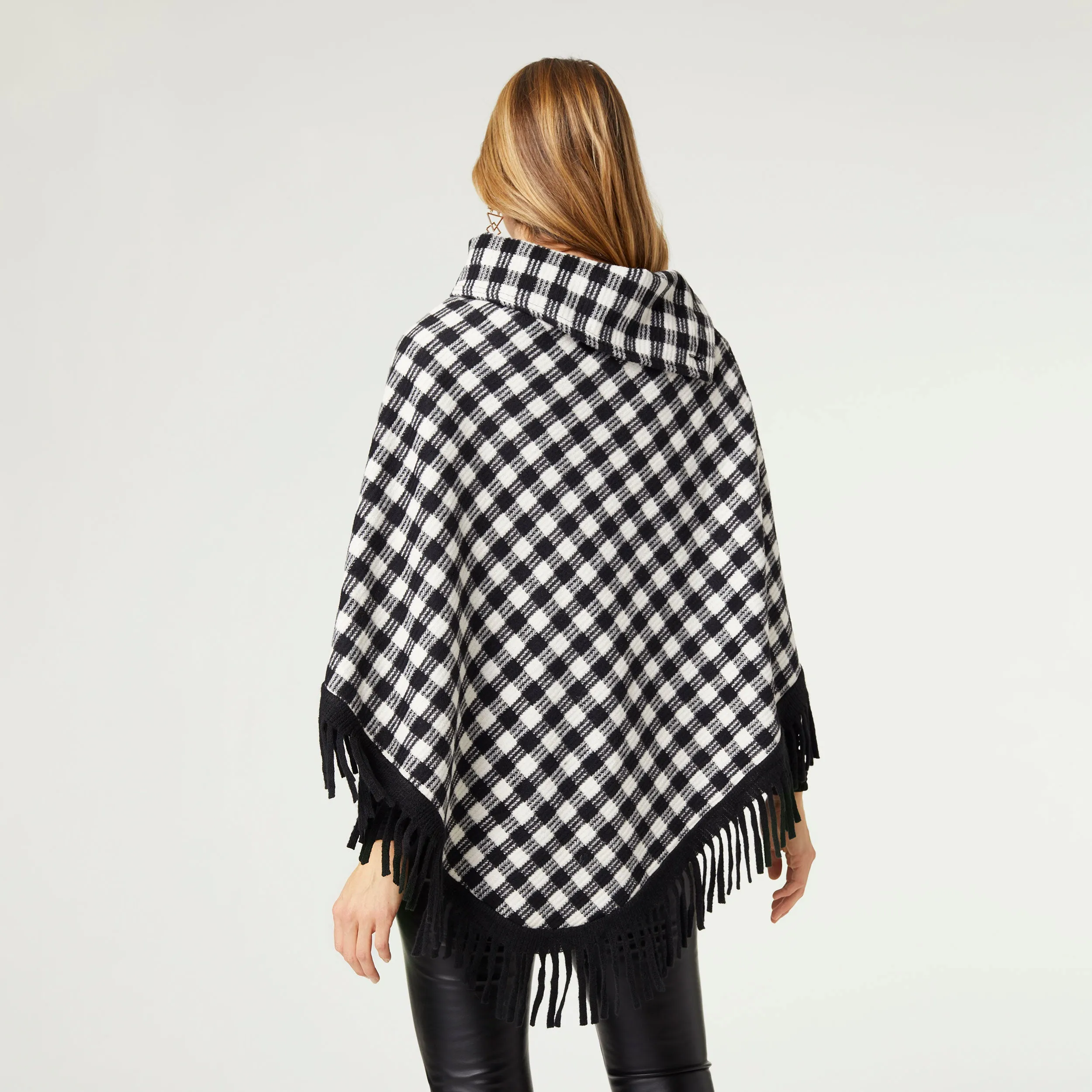 Asheville Sherpa Lined Poncho with Fringe - Black/Ivory