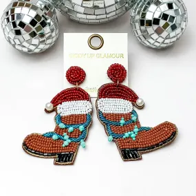 Beaded Cowboy Boot Earrings with Santa Hat in Brown Beaded Cowboy Boot Earrings with Santa Hat in Brown
