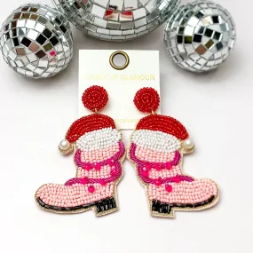 Beaded Cowboy Boot Earrings with Santa Hat in Light Pink Beaded Cowboy Boot Earrings with Santa Hat in Light Pink