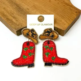 Beaded Cowboy Hat and Boot Earrings in Red Beaded Cowboy Hat and Boot Earrings in Red