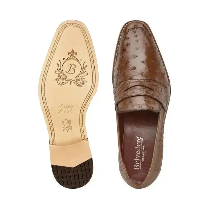Belvedere Espada Ostrich Quill Penny Loafer Shoes Tabac