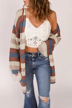 Blue Striped Color Block Hollowed Knit Cardigan Blue Striped Color Block Hollowed Knit Cardigan