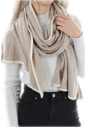 Cashmere Blend Scarf with Color Block Border  - Camel/White Cashmere Blend Scarf with Color Block Border  - Camel/White