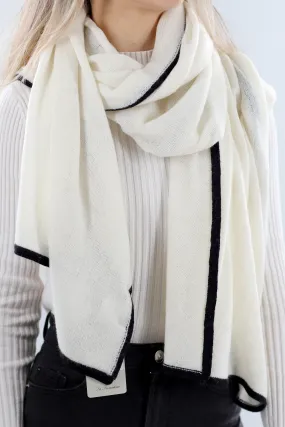 Cashmere Blend Scarf with Color Block Border  - Ivory/Black Cashmere Blend Scarf with Color Block Border  - Ivory/Black