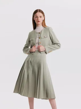 College Style Short Jacket And Pleated Long Skirt Two-Piece Set College Style Short Jacket And Pleated Long Skirt Two-Piece Set