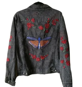 Custom Embroidered Moth Butterfly Red Roses Acid Washed Jean Jacket Custom Embroidered Moth Butterfly Red Roses Acid Washed Jean Jacket