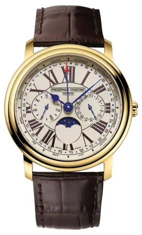 Frederique Constant Classics Business Timer Yellow Gold Plated Steel Ivory Dial Brown Leather Strap Moonphase Day/Date Month/Week Quartz Mens Watch FC-270EM4P5 Frederique Constant Classics Business Timer Yellow Gold Plated Steel Ivory Dial Brown Leather Strap Moonphase Day/Date Month/Week Quartz Mens Watch FC-270EM4P5