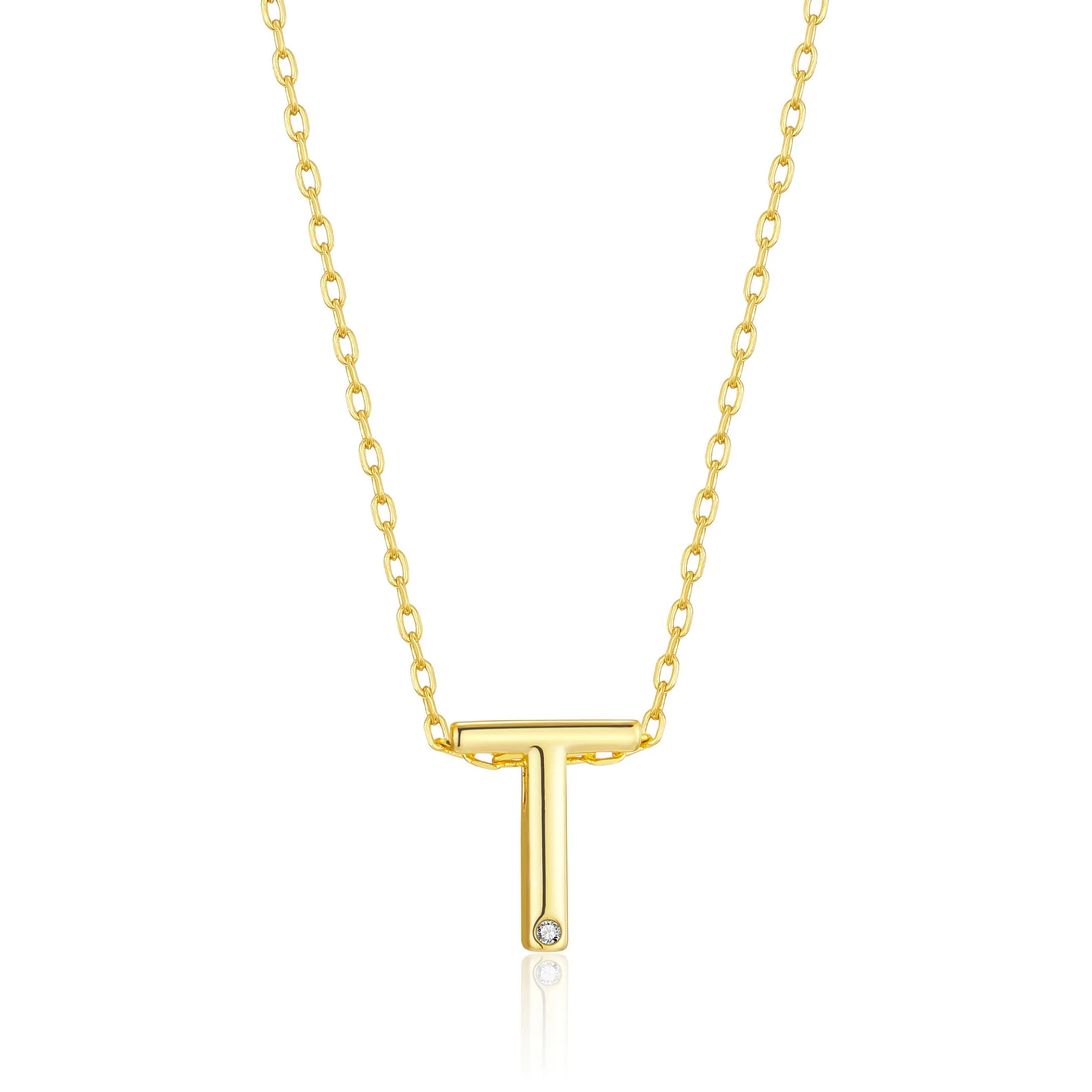 Gold Plated Initial Necklace Letter T Created with Zircondia® Crystals