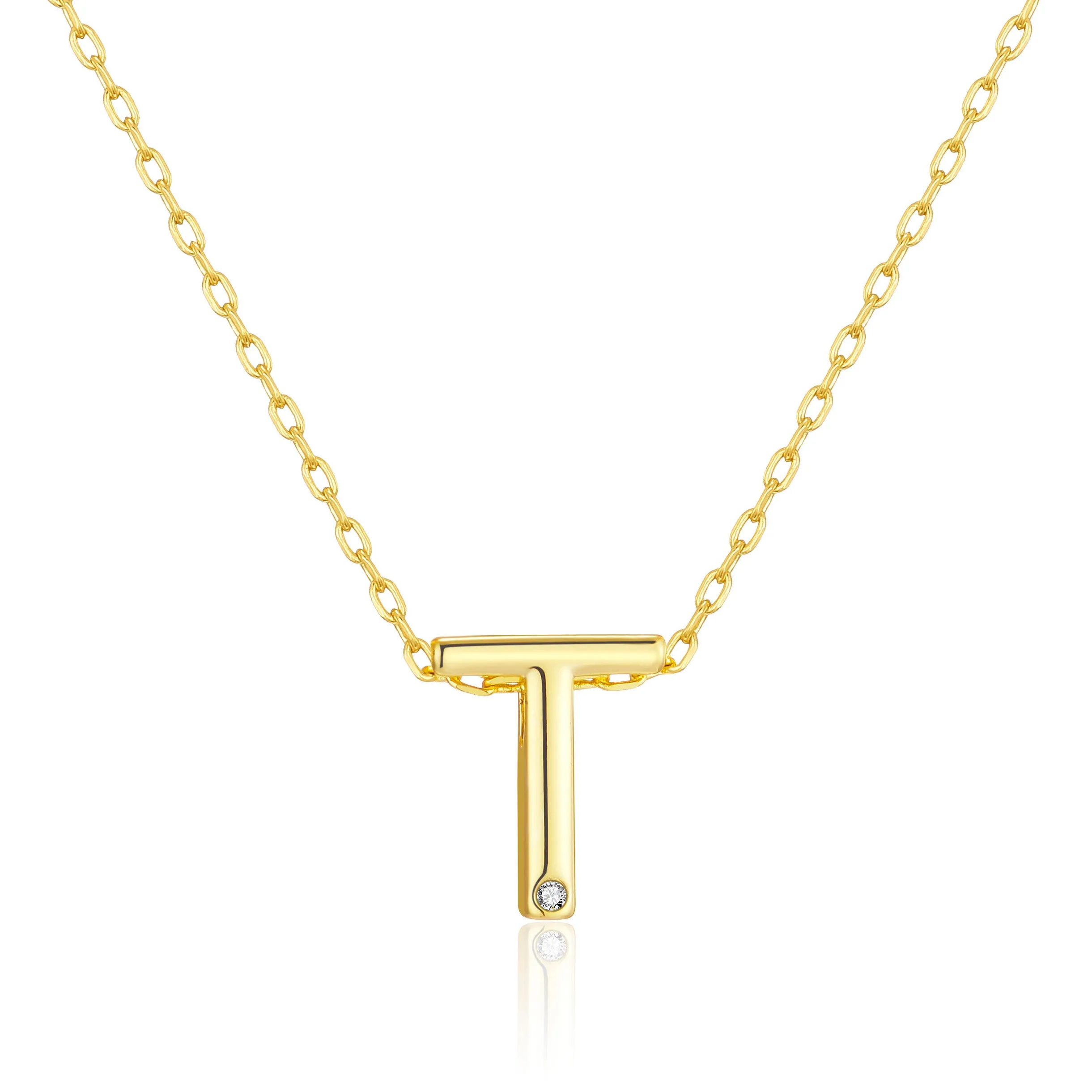Gold Plated Initial Necklace Letter T Created with Zircondia® Crystals