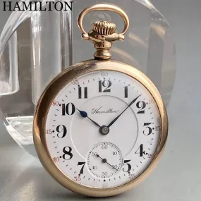 Hamilton antique pocket watch manual winding open face gold case diameter 47 mm vintage pocket watch Hamilton antique pocket watch manual winding open face gold case diameter 47 mm vintage pocket watch