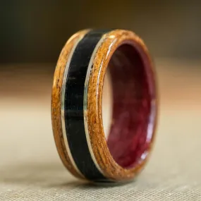 (In-Stock) USS New Jersey Wooden Ring, Purple Heart, Custom Fabric & Dual White Gold - Size 7.5 | 8mm Wide (In-Stock) USS New Jersey Wooden Ring, Purple Heart, Custom Fabric & Dual White Gold - Size 7.5 | 8mm Wide