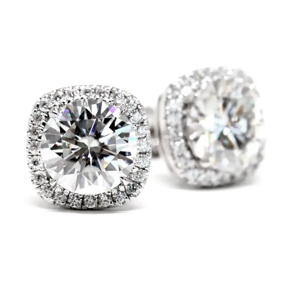 Lauren Cushion Moissanite with Halo Stud Earrings in 18K gold