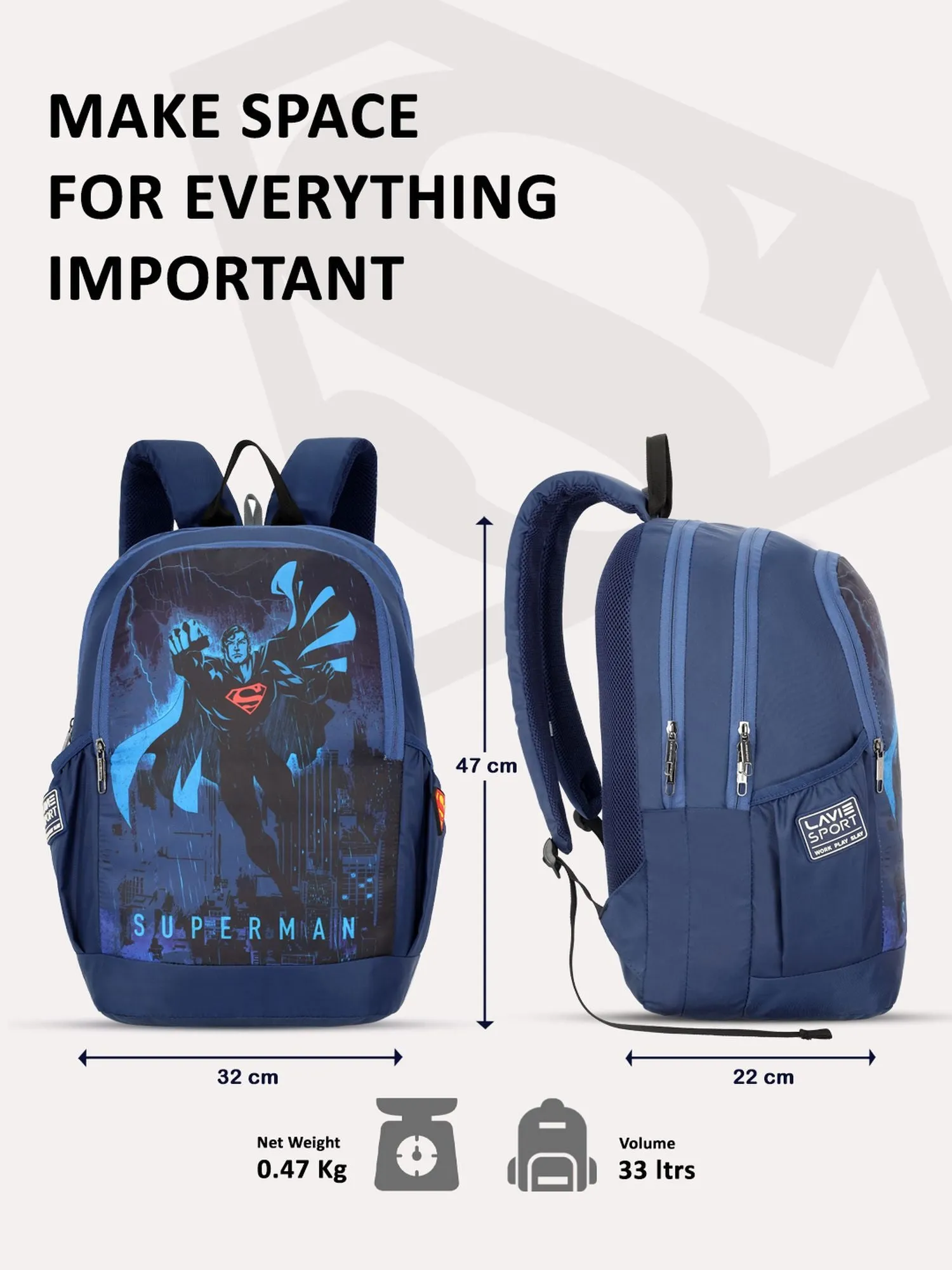 Lavie Sport Superman Krypton 33L College Laptop Backpack For Boys & Girls Navy