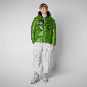 Man's animal free hooded puffer jacket Evander in grass green wolf print Man's animal free hooded puffer jacket Evander in grass green wolf print