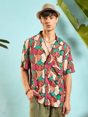 Men Orange Multi Colour Tropical Print Relax Fit Shirt Men Orange Multi Colour Tropical Print Relax Fit Shirt