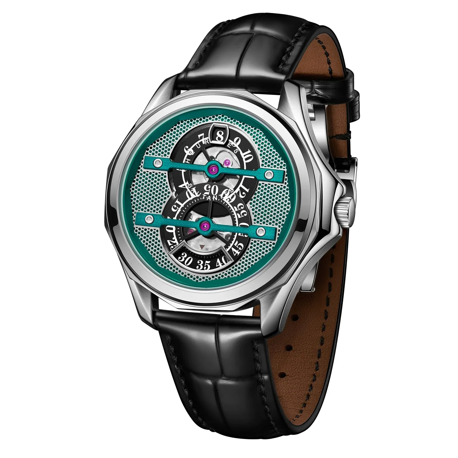 OBLVLO Men Automatic Watch 41MM Fashion Jump Hour Mechanical Wristwatch Luminous 5ATM Waterproof Sapphire Mirror Leather Strap