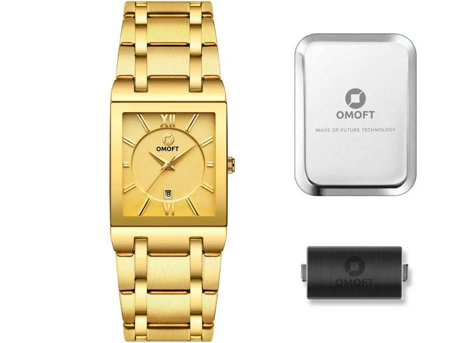 OMOFT Men Luxury Business Quartz Gold wrist watch Waterproof Military style Stainless Steel