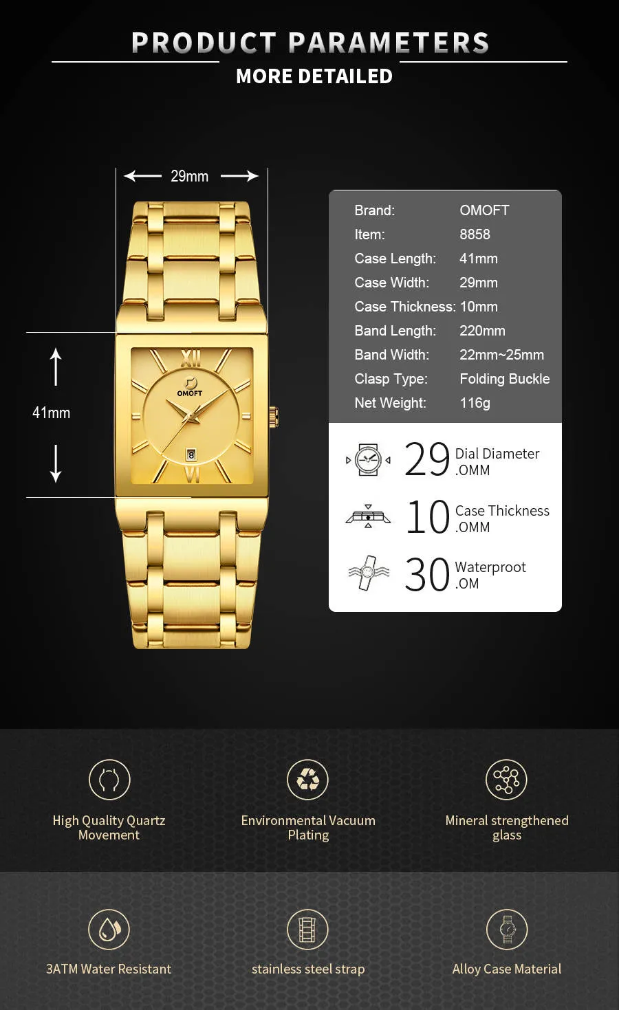 OMOFT Men Luxury Business Quartz Gold wrist watch Waterproof Military style Stainless Steel
