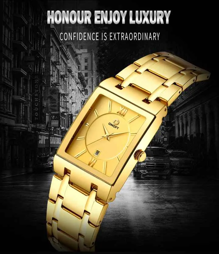 OMOFT Men Luxury Business Quartz Gold wrist watch Waterproof Military style Stainless Steel