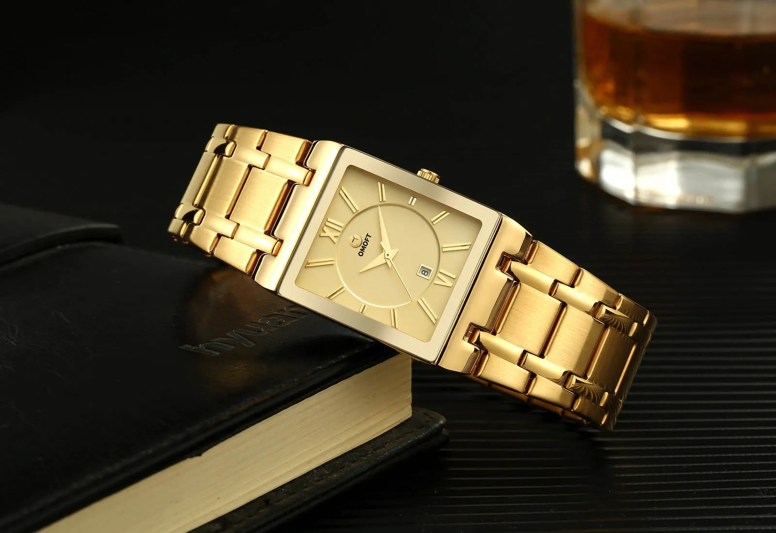 OMOFT Men Luxury Business Quartz Gold wrist watch Waterproof Military style Stainless Steel