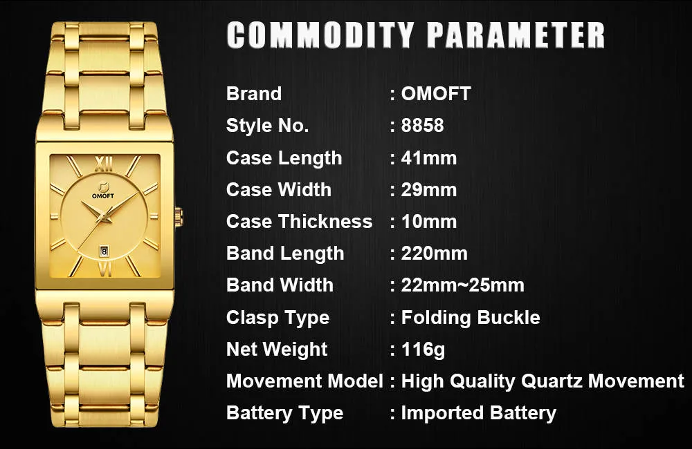 OMOFT Men Luxury Business Quartz Gold wrist watch Waterproof Military style Stainless Steel