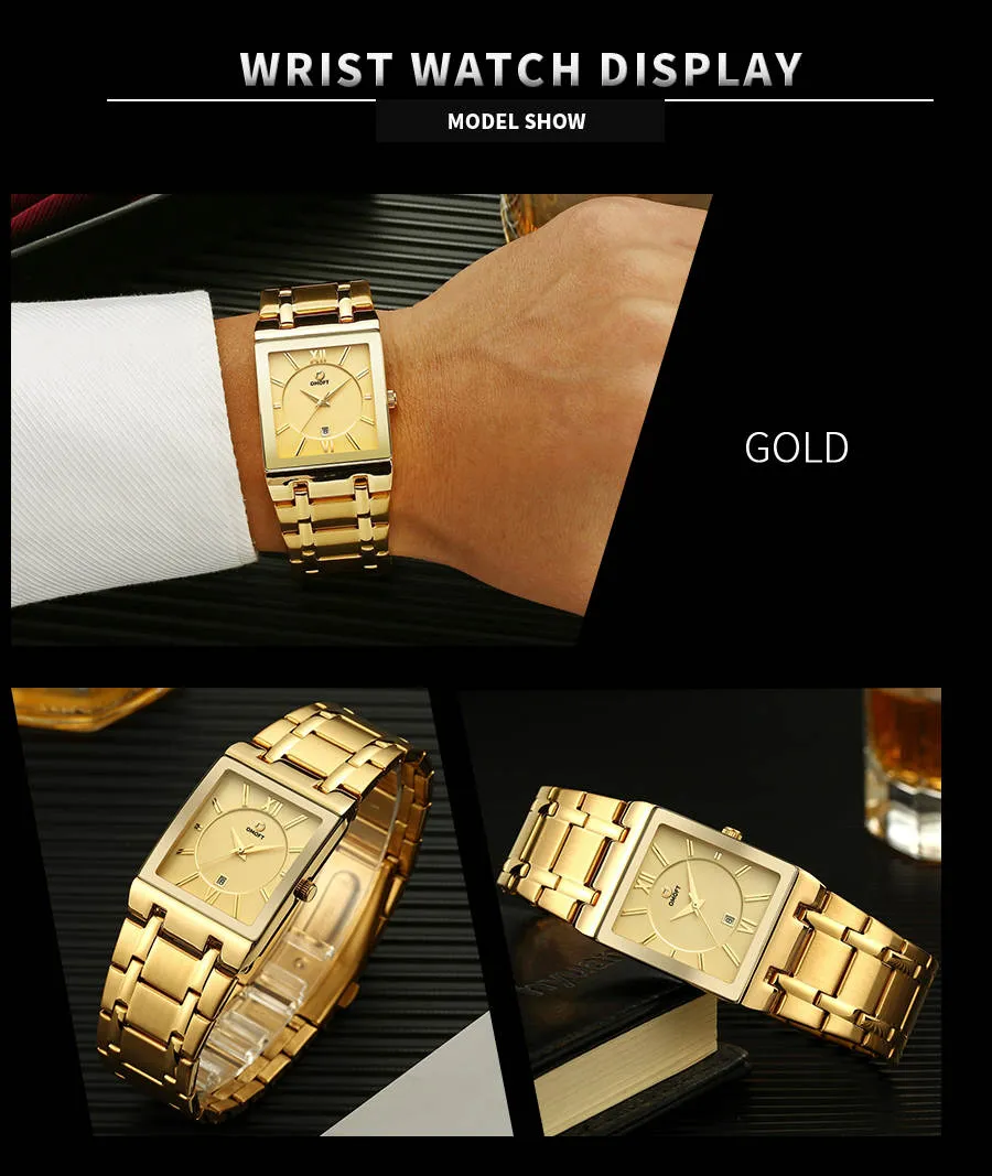 OMOFT Men Luxury Business Quartz Gold wrist watch Waterproof Military style Stainless Steel