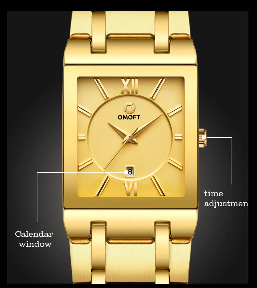 OMOFT Men Luxury Business Quartz Gold wrist watch Waterproof Military style Stainless Steel