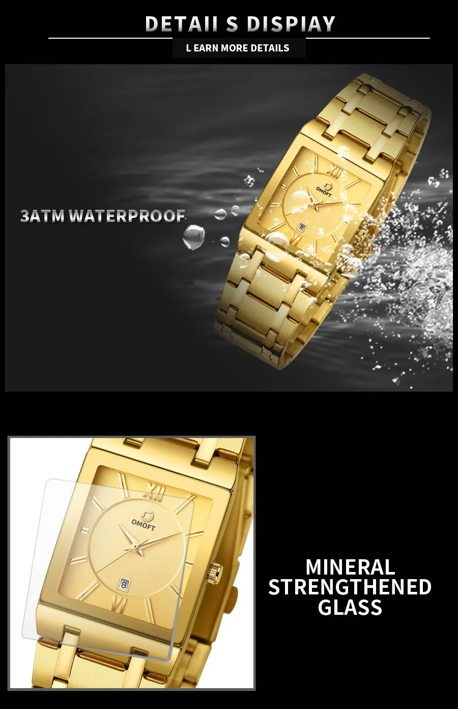 OMOFT Men Luxury Business Quartz Gold wrist watch Waterproof Military style Stainless Steel