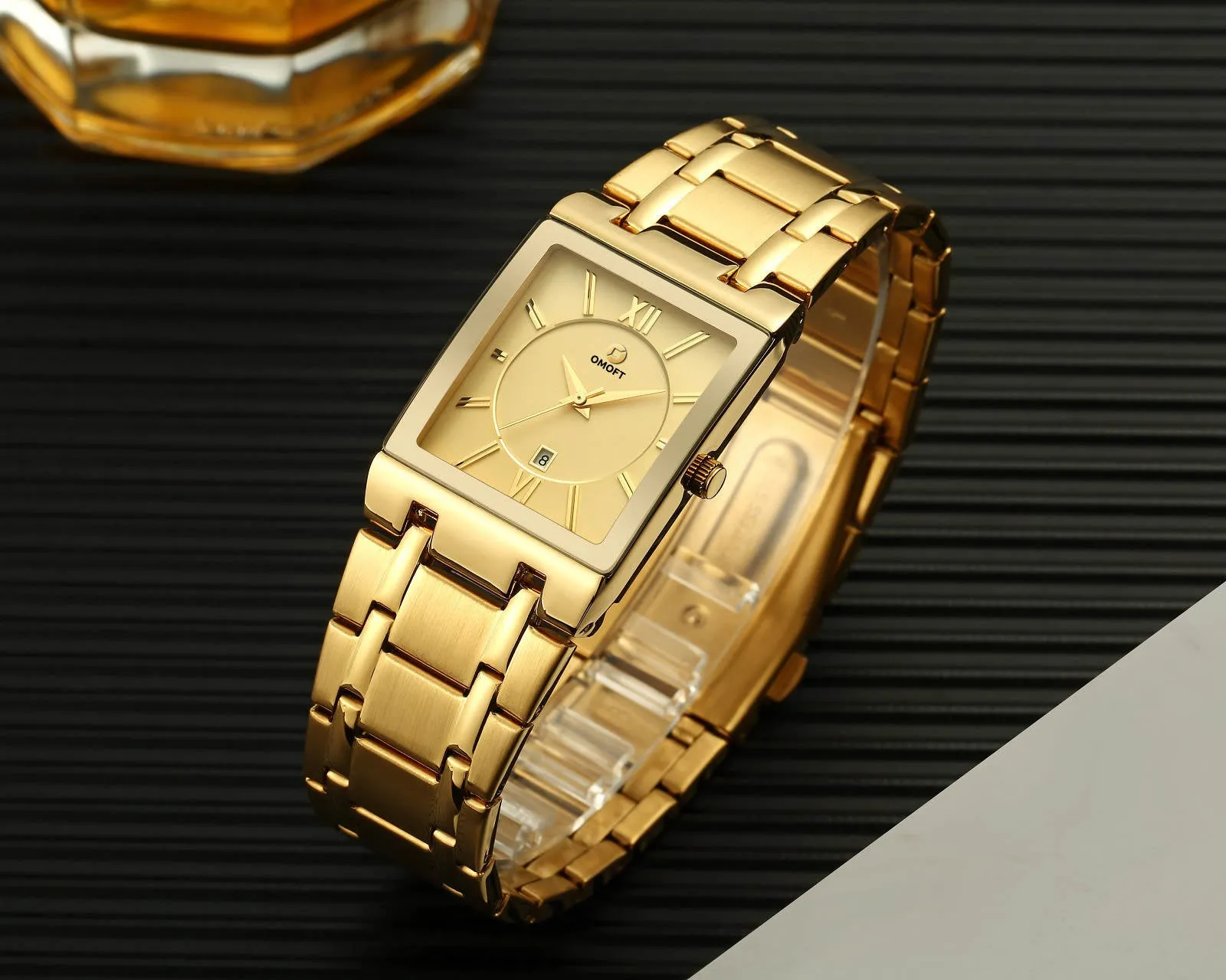 OMOFT Men Luxury Business Quartz Gold wrist watch Waterproof Military style Stainless Steel