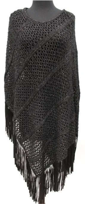 Open Knit Poncho with Suede Fringe Open Knit Poncho with Suede Fringe