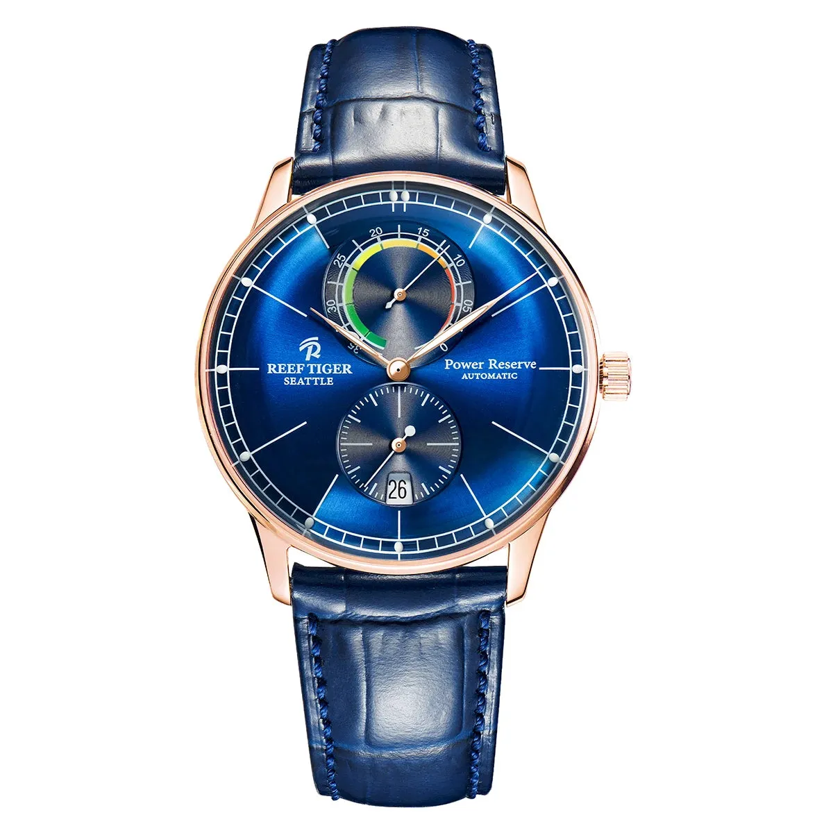 Reef Tiger Men Automatic Watch 42mm Luxury Mechanical Wristwatch Ultrathin Sapphire Power Reserve Dial Small Second Dial