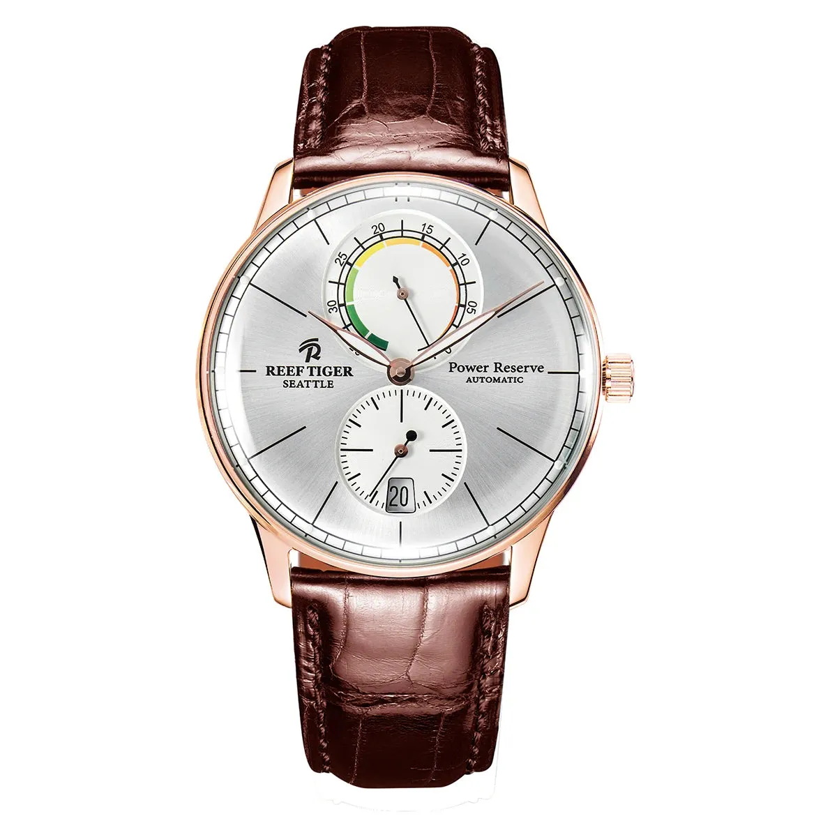 Reef Tiger Men Automatic Watch 42mm Luxury Mechanical Wristwatch Ultrathin Sapphire Power Reserve Dial Small Second Dial