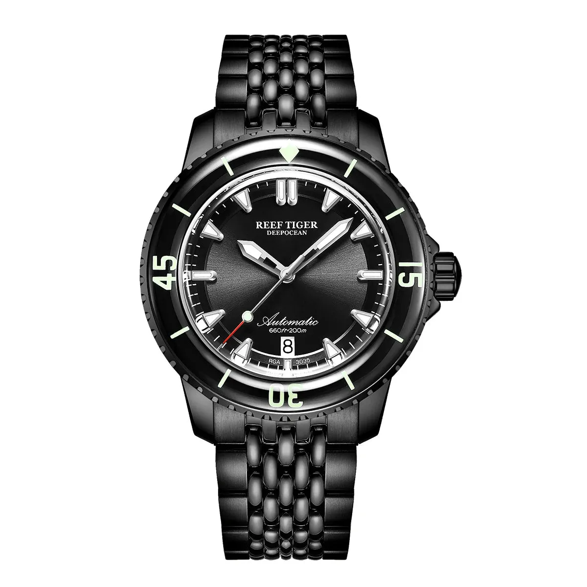Reef Tiger Men's Diving Sports Watch Automatic Mechanical Wristwatch Stainless Steel Strap Date Luminous Sapphire Enter-Seconds