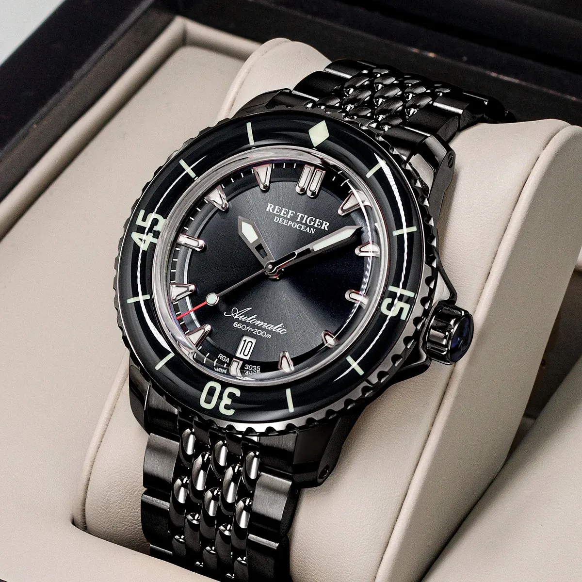 Reef Tiger Men's Diving Sports Watch Automatic Mechanical Wristwatch Stainless Steel Strap Date Luminous Sapphire Enter-Seconds