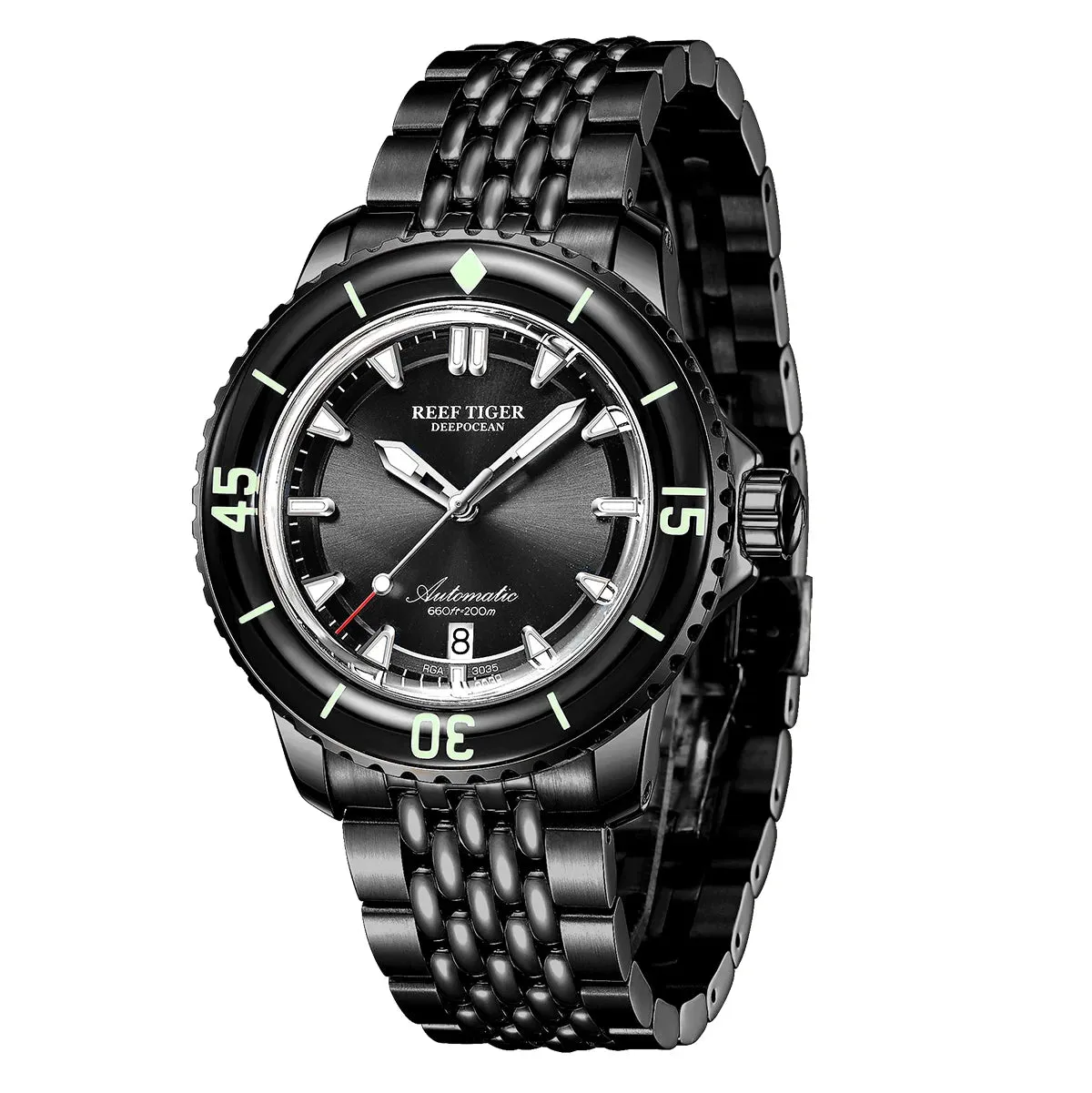 Reef Tiger Men's Diving Sports Watch Automatic Mechanical Wristwatch Stainless Steel Strap Date Luminous Sapphire Enter-Seconds