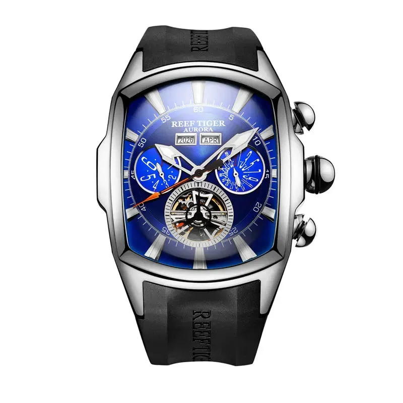 Reef Tiger/RT Designer Sport Watches with Tourbillon Stainless Steel Rubber Strap Blue Dial Automatic Watches RGA3069