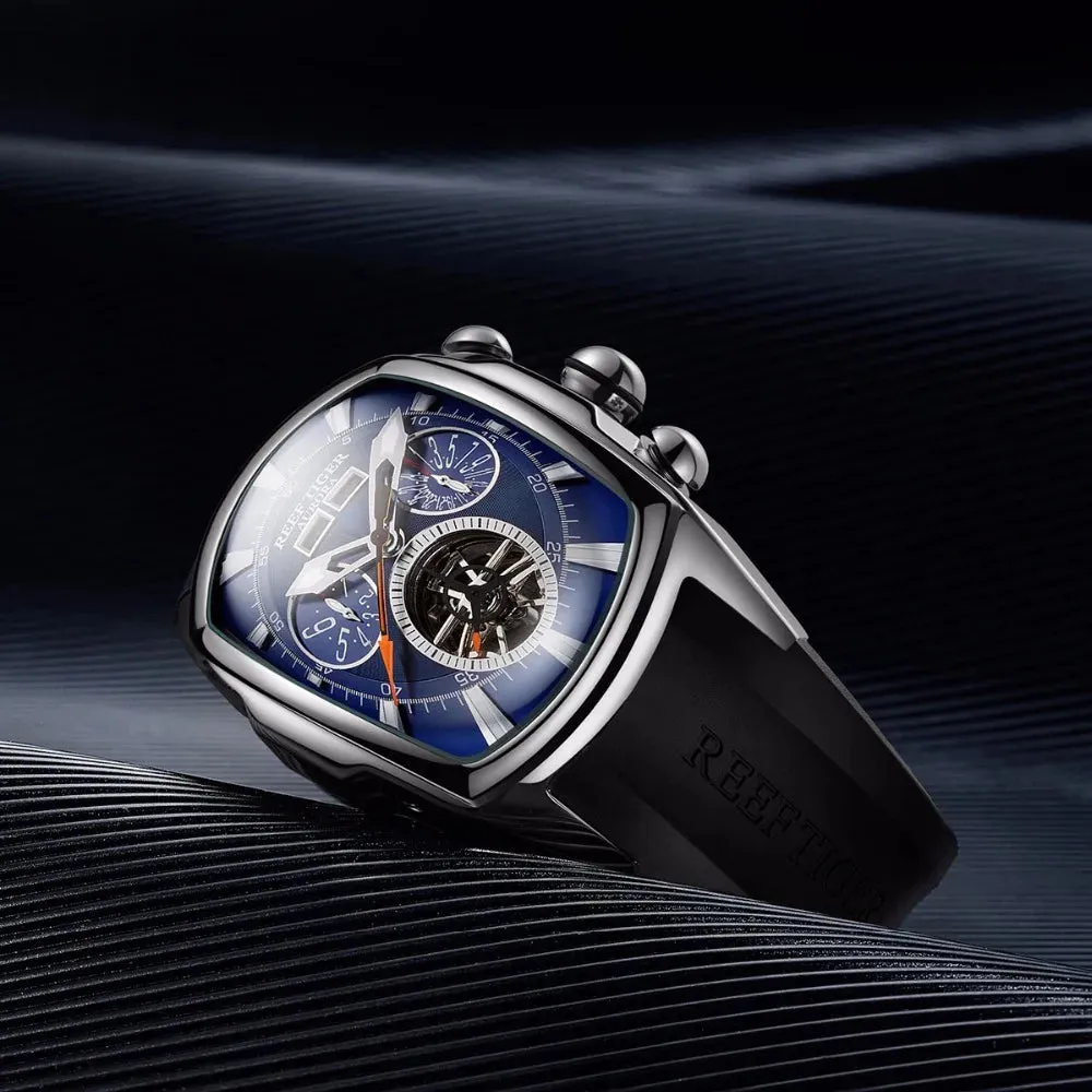 Reef Tiger/RT Designer Sport Watches with Tourbillon Stainless Steel Rubber Strap Blue Dial Automatic Watches RGA3069