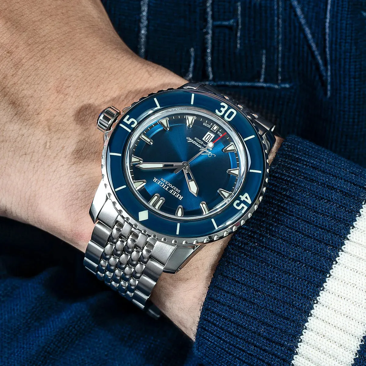Reef Tiger/RT Super Luminous Dive Watches Mens Analog Automatic Blue Dial Clock with Date RGA3035