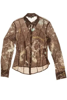 Robert Cavalli - Chocolate Brown and Aqua Constellation Blouse - L Robert Cavalli - Chocolate Brown and Aqua Constellation Blouse - L