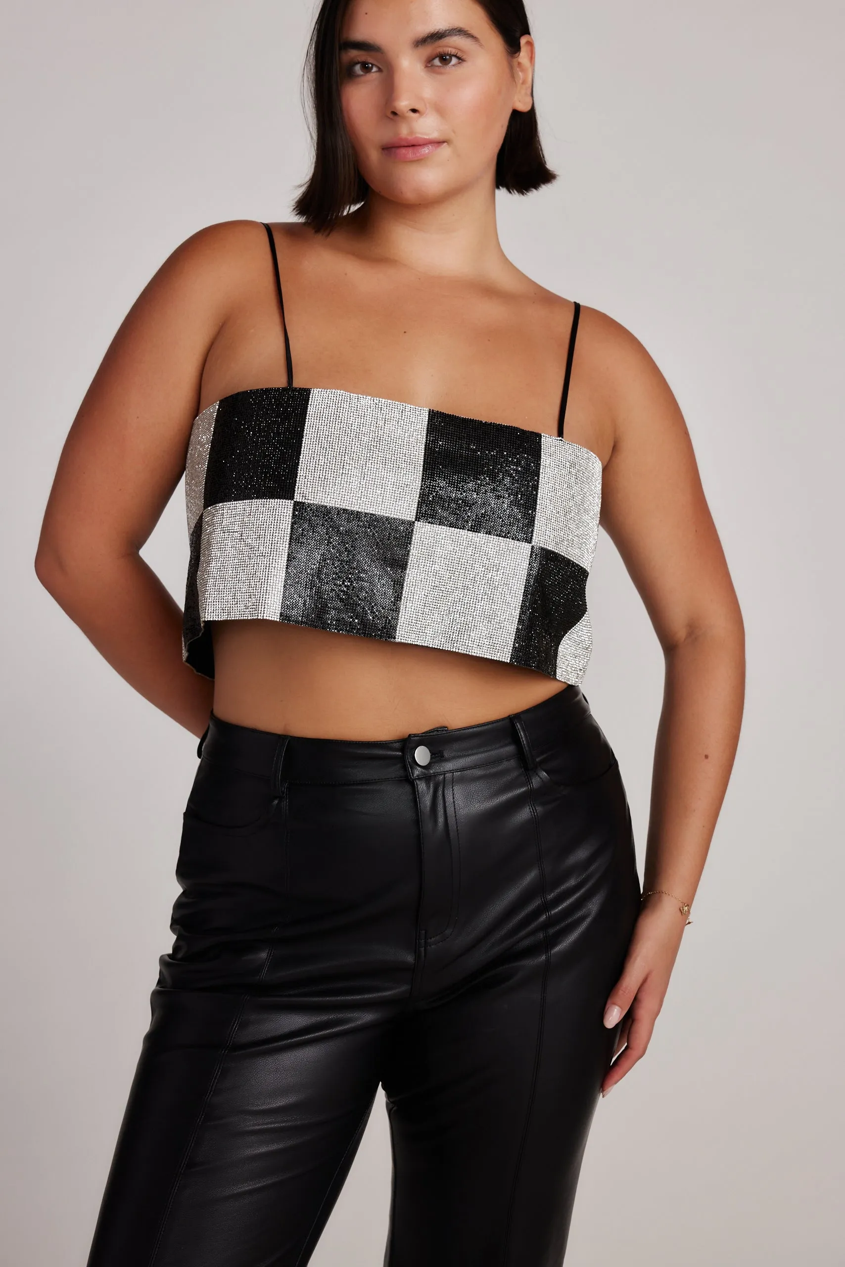 Shira Checkered Rhinestone Crop Top