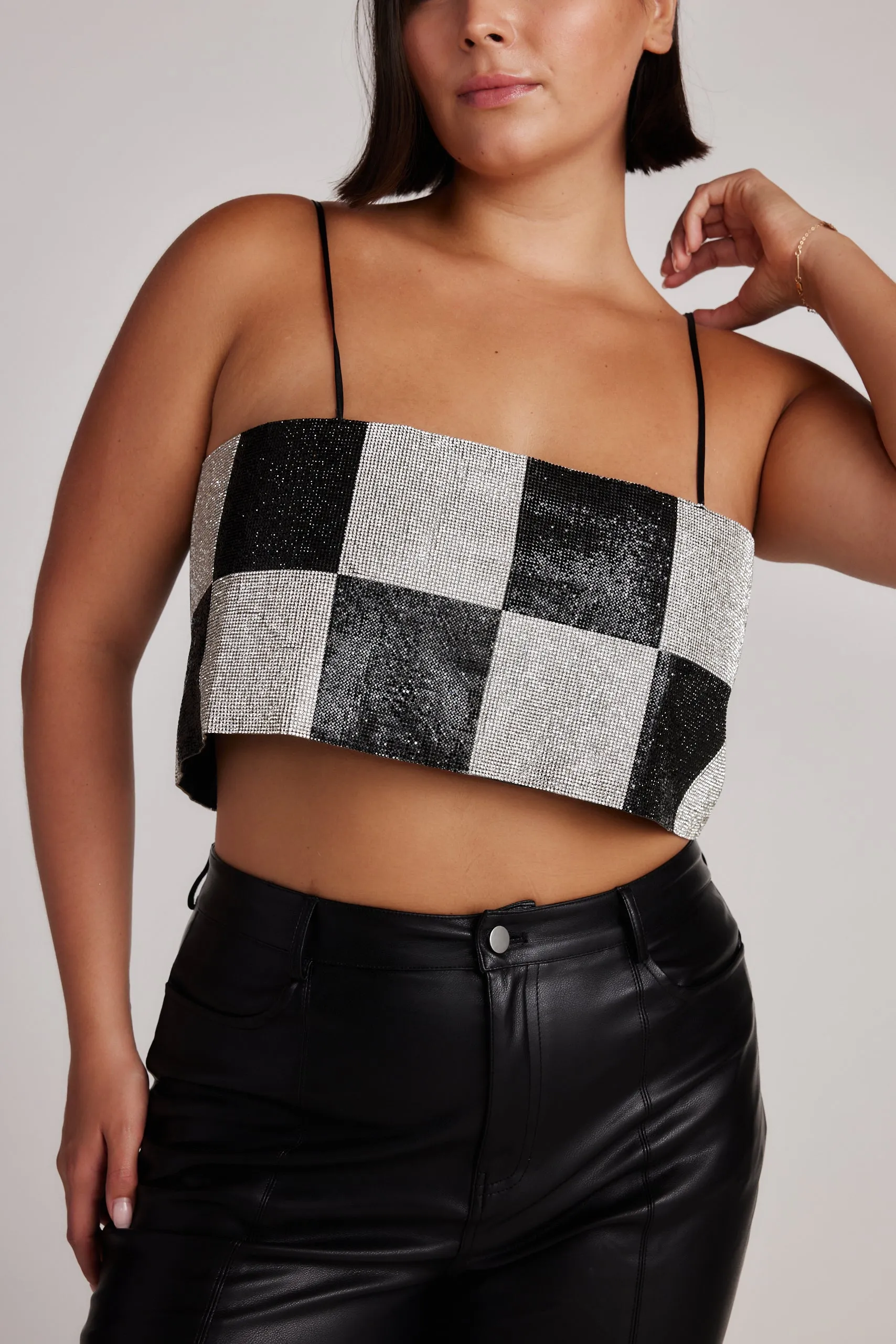 Shira Checkered Rhinestone Crop Top