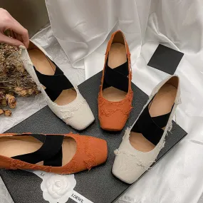 Tassels Ballet Flats with Cross-Strap Square Toe in Orange/Beige Tassels Ballet Flats with Cross-Strap Square Toe in Orange/Beige