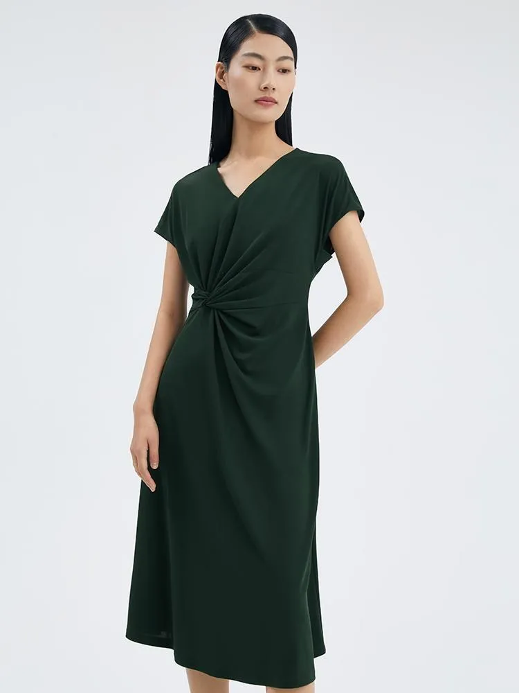 Triacetate Asymmetrical Pleated Gathered Waist Midi Dress